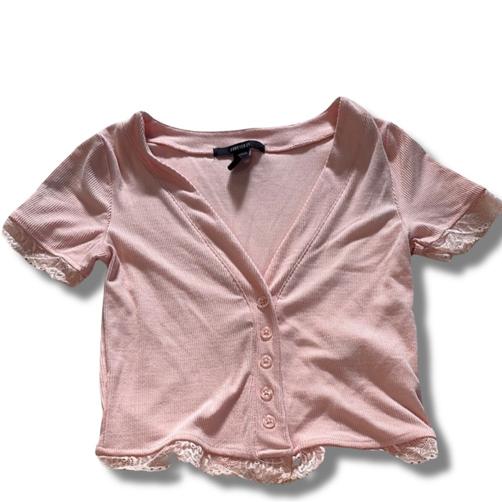 Forever 21 Pink Lace Trim Baby Tee | Y2K Button Front Crop Top XS - Picture 2 of 6